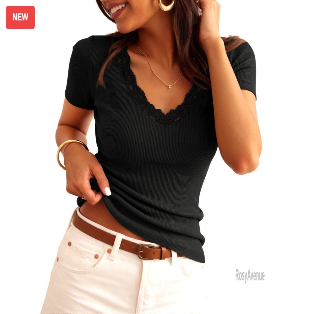 Short Sleeve Lace V-Neck Ribbed Knit Fitted Tee Casual Going Out Top